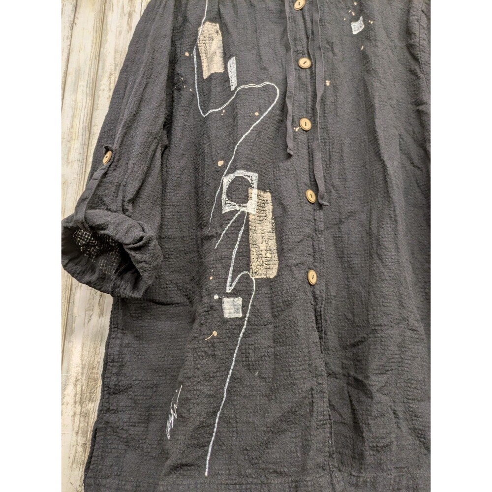 Focus Casual Art Wear Shirt Medium Gauzy Hooded Button Front Lightweight Black - Picture 2 of 11